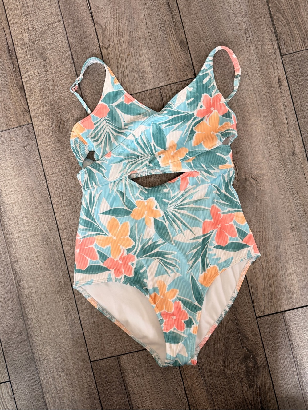 Kids Floral Cutout One-Piece Swimsuit - Teal with Coral & Yellow Flowers